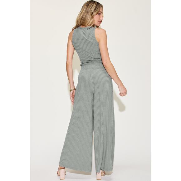 BASIC BAE Heather Gray Two Piece Ribbed Wide Leg and Tank Outift Set NEW MIsses - Picture 4 of 6
